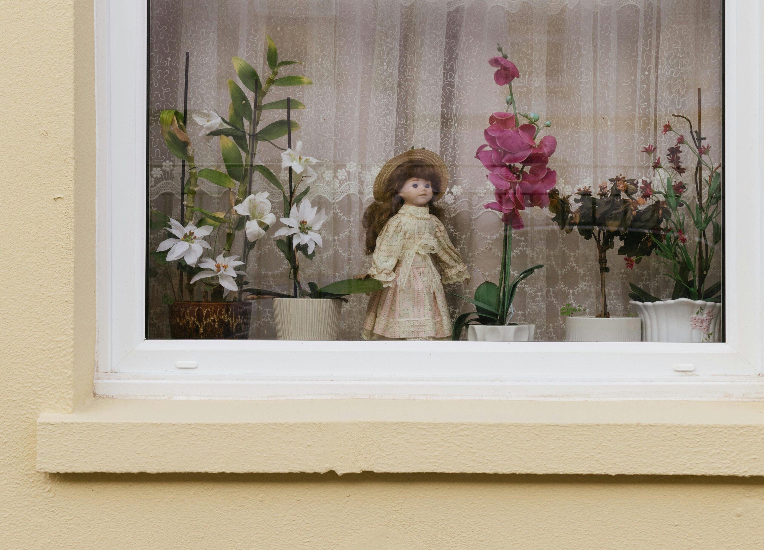 A charming vintage doll displayed on a window sill with elegant potted flowers.